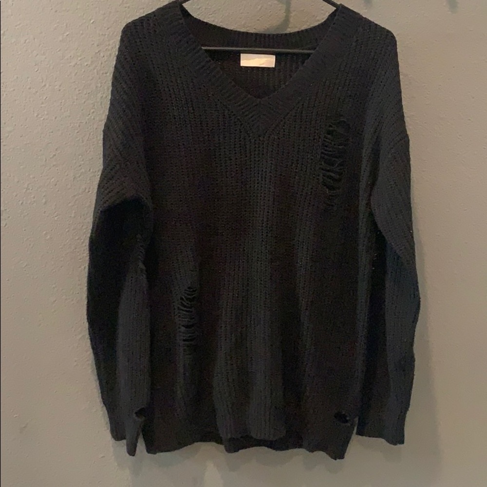 Distressed Oversized Black Knit Sweater